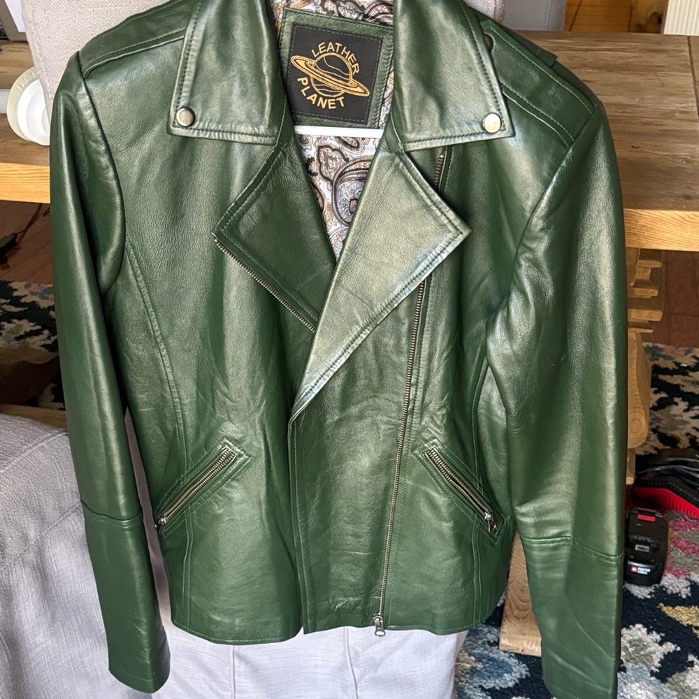 Real leather dark green women moto jacket Large
